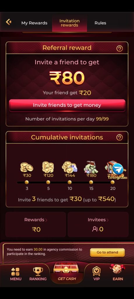 BONU1 Game referral rewards screen with invitation bonuses