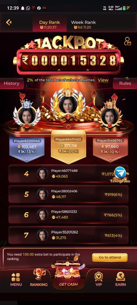 BONU1 Game jackpot ranking screen with top players and rewards